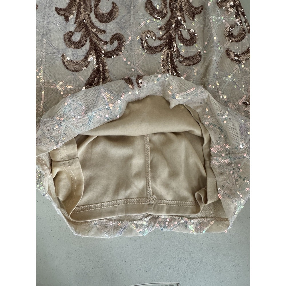 Rose Gold Sequin Embellished Dress S Feather Cuffs Nude Mesh Party Cocktail Glam - Picture 13 of 16